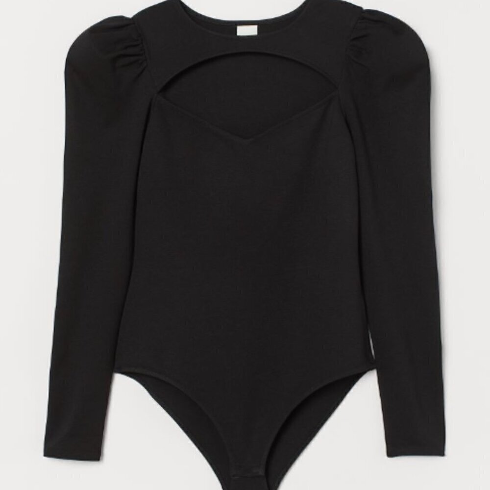 {H&M} NWOT Puff-sleeved Bodysuit Thick Jersey Cut out Key hole Sweat Heart - Picture 3 of 8